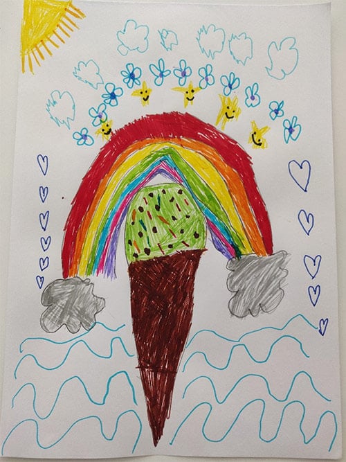 A drawing showing ice cream and rainbow